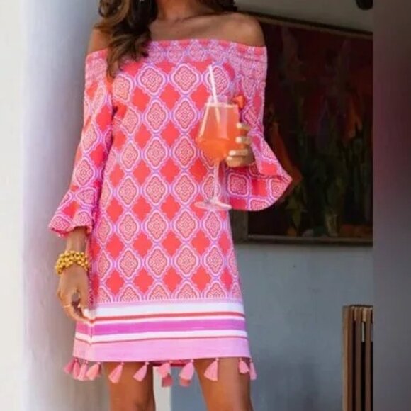 Cabana Life Dresses & Skirts - CABANA LIFE Coral Geo Coverluxe Smocked Off Shoulder Mini Dress Tassel Medium